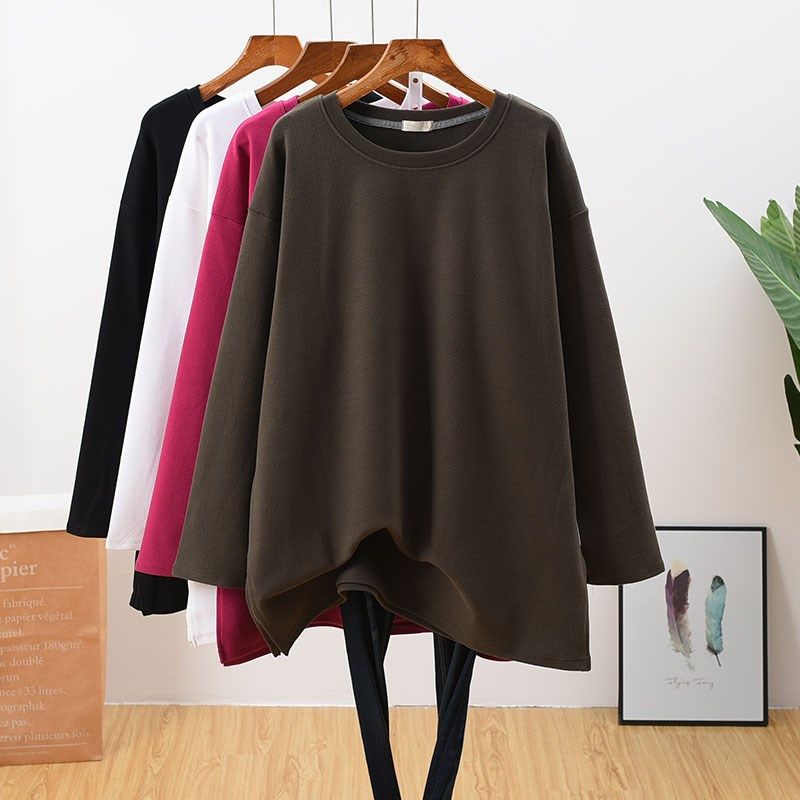 大码秋冬宽松纯棉加厚长袖女T恤遮屁股中长款开R叉纯色打底衫显瘦