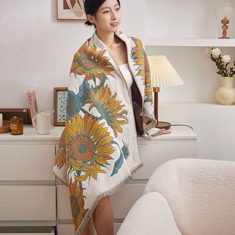 沐锦新品 全棉四层流苏纱布浴巾 长绒棉多功能披肩盖毯毛巾被