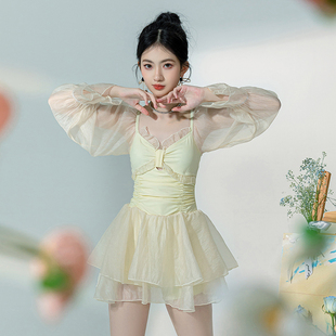 遮肚显瘦保守温柔杏色仙气泳衣微胖女孩遮肉 连体裙式 月色朦胧