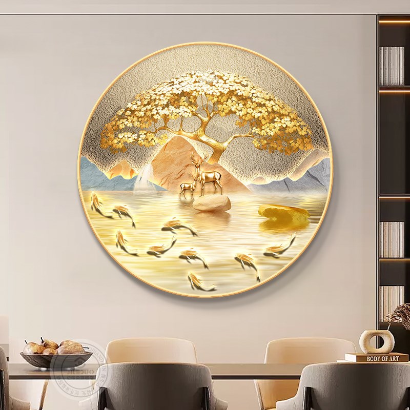 发财树入户玄关装饰画餐厅圆形背景墙挂画客厅石来运转走廊过道画图片