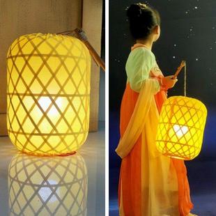 竹编灯笼手提汉服摄影灯笼墙中式冬瓜形发光竹灯罩送实木杆灯泡