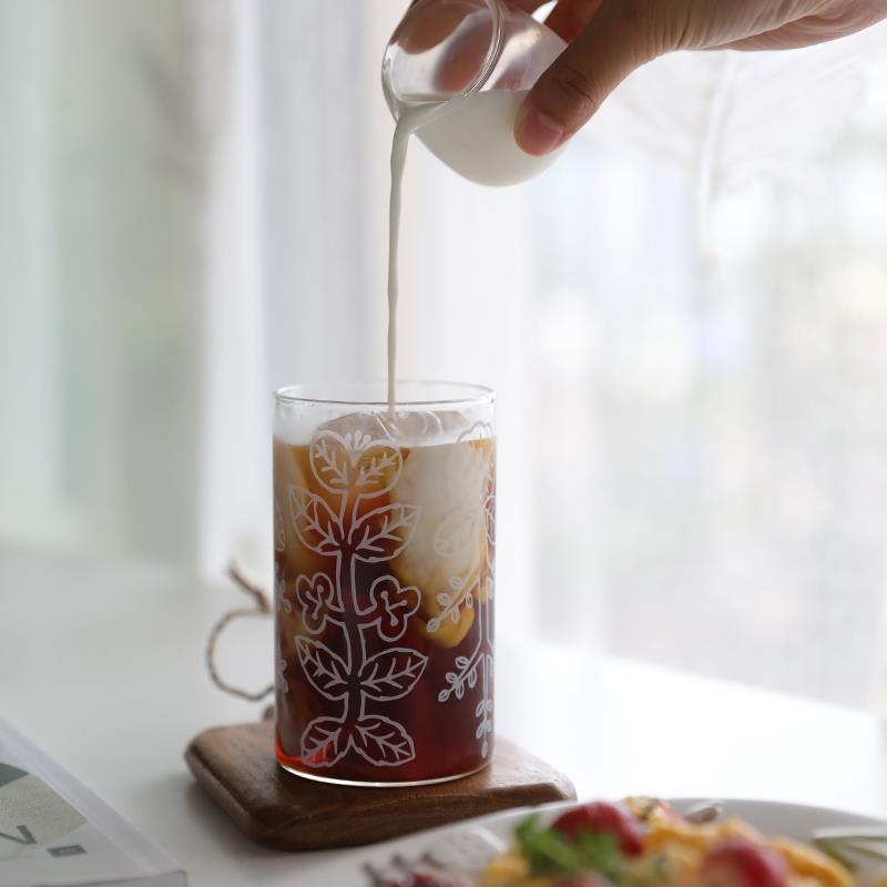 ins耐高温玻璃杯高颜值奶茶家用早餐杯果汁牛奶饮料水杯森系印花