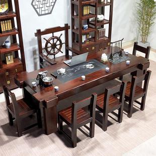 桌子一体 老船木茶桌椅组合一桌五椅实木办公室泡茶台功夫茶具套装