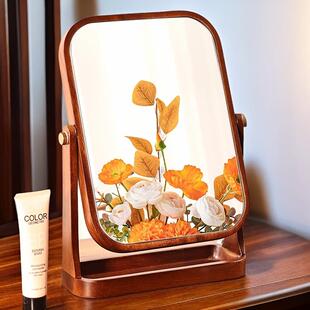 化妆镜女台式实木镜子家用胡桃木高清旋转镜子桌面立式复古梳妆镜