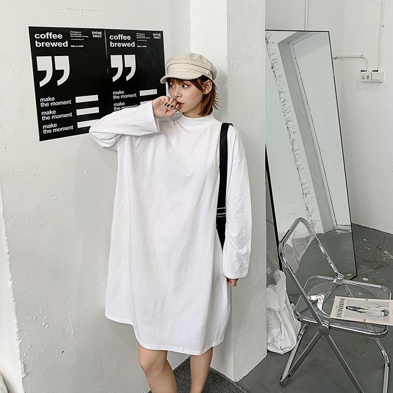 2024春秋新款半高领t恤女长袖洋气大版宽松显瘦中长款打底衫T