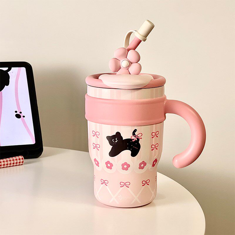 吸管保温杯办公室带把手t大容量猫咪杯子女高颜值可爱粉色桌面水