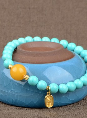 菱镁矿仿绿松石圆珠手串湖绿色单圈手链文玩饰品礼物