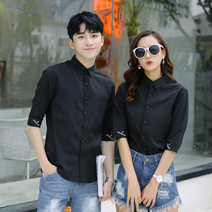21夏天薄款中袖衬衫情侣装简约纯色五分袖衬衣男女生打底寸衫白色