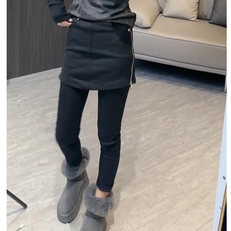 秋冬加绒牛仔围裙裤女侧拉链包臀弹力显瘦小脚裤假两件九分直筒裤