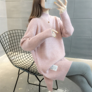 外穿宽松慵懒风 秋冬加厚长袖 半高领打底中长款 毛衣裙女2021年新款