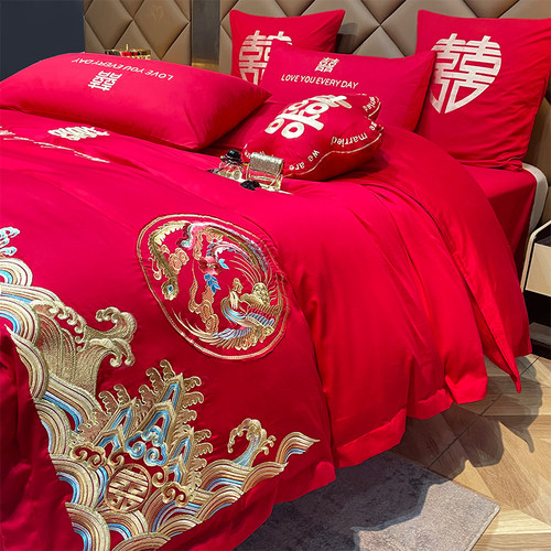 高端婚庆四件套大红刺绣喜被罩床单笠中式新结婚房嫁礼床品六件套