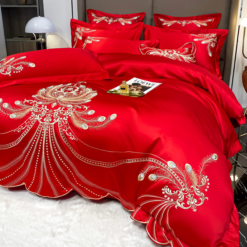 高档结婚床上用品四件套婚庆大红色全棉纯棉床单高级感刺绣被套