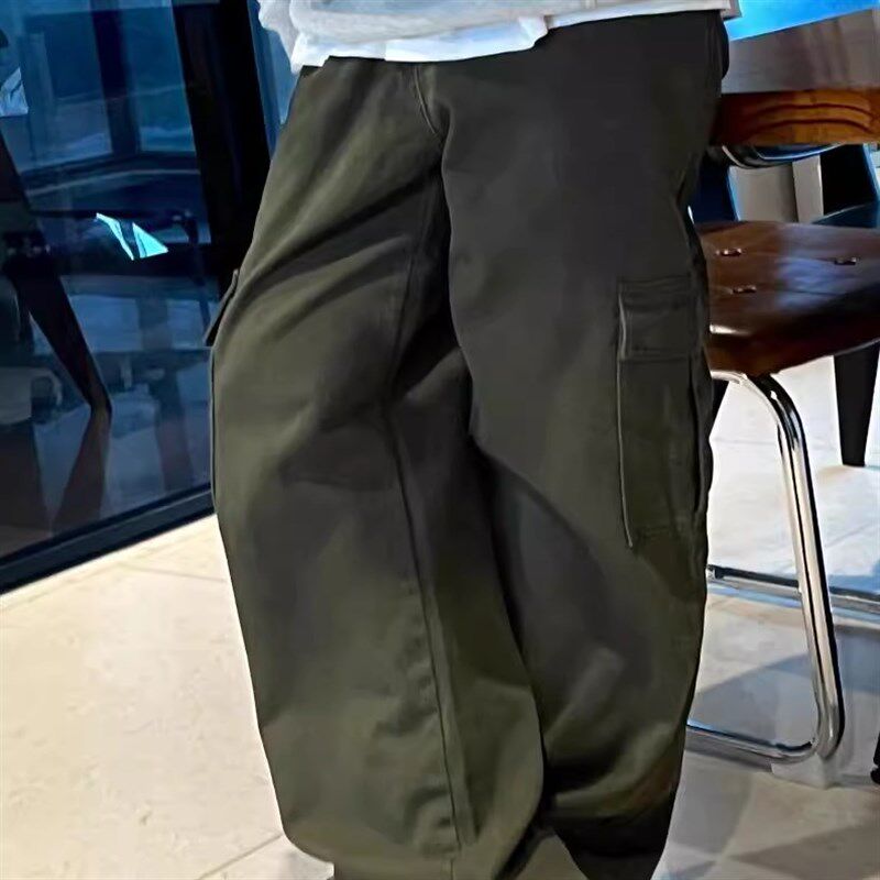 小张几军绿色牛仔工装裤多口袋美式宽松直筒做旧半松紧腰阔腿裤男