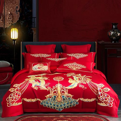 结婚喜庆全棉龙凤刺绣60支长绒棉枕套一对婚庆四件套新娘陪嫁用品