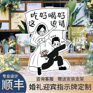 订婚宴婚礼迎宾牌kt板指引牌结婚人形立牌定制指示牌手绘卡通