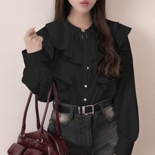 【日本直邮】Grl 蝴蝶结领褶皱衬衫 黑色 F 品番:tg775