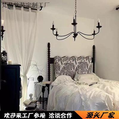 美式复古实木床法式公主布艺软包1.8双人床主卧提花虎山纹高脚床