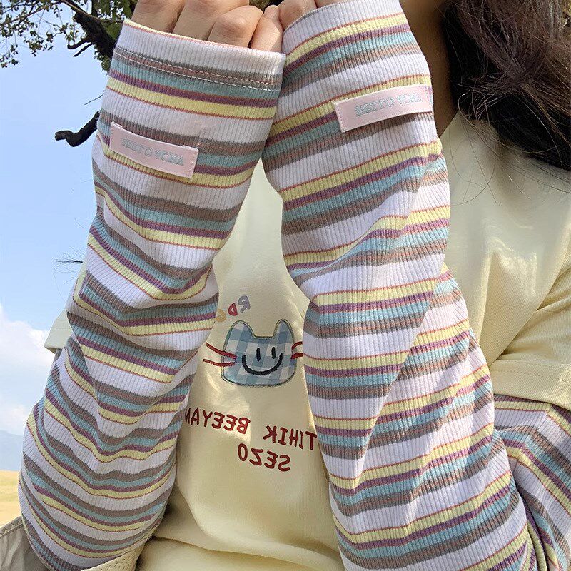 夏季撞色条纹防晒袖套开车骑行遮阳透气护L手臂冰袖少女感减龄护