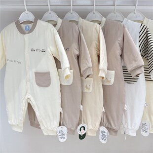 玥儿兔男女宝宝秋冬季薄棉连体衣婴儿夹棉保暖闭裆V哈衣连身衣爬