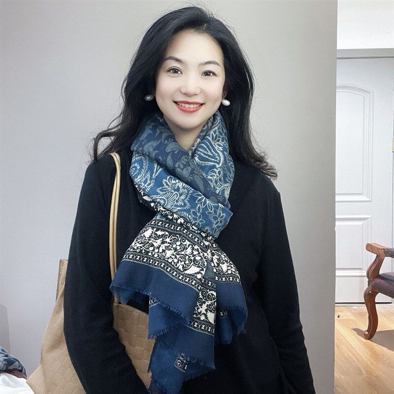 典雅大方!蓝色腰果花拼色国风围巾女高级感保暖围脖春秋披肩两用