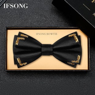 高档黑色金麦穗宴会红色伴郎新郎结婚婚礼男高级感衬衫领结蝴蝶结