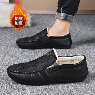 冬天棉鞋豆豆鞋男款冬季加绒保暖懒人一脚蹬开 车软底皮面痘
