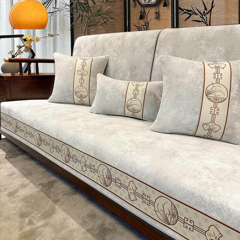新中式沙发垫雪尼尔四季通用防滑国风现代实木组合坐垫套罩巾定制