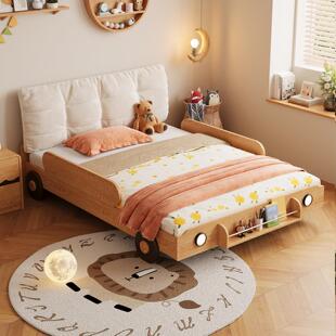 汽车床男孩软靠包卧室床一米二儿童床实木男童带护栏床1米5单人床