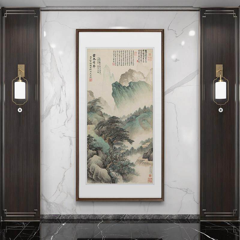 新中式山水画张大千入户玄关装饰画走廊过道挂画客厅壁画招财竖版