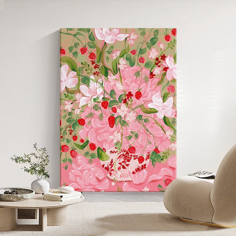 粉色花卉客厅纯手绘油画抽象奶油风草莓儿童房装饰画法式玄关挂画图片