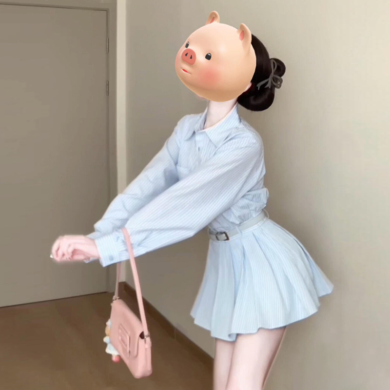 开春蓝色条纹衬衫连衣裙子女夏2025新款学院风小个子a字百褶短裙
