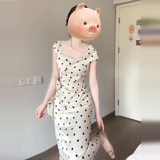 法式白色波点吊带连衣裙子女2025夏季新款高级感气质收腰包臀长裙