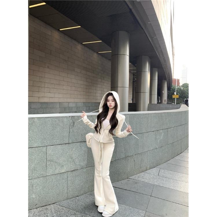 奥粒绒连帽卫衣开衫外套女冬季时尚套装加绒加厚微喇叭长裤两件套
