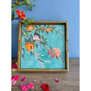 浮雕双面大正方高两河瓷板画榆木托盘茶盘摆件果盘桌面收纳装饰画