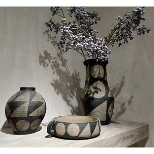 摩洛哥风格黑白陶瓷摆饰异域风情花瓶果盘花插创意新中式客厅陶罐