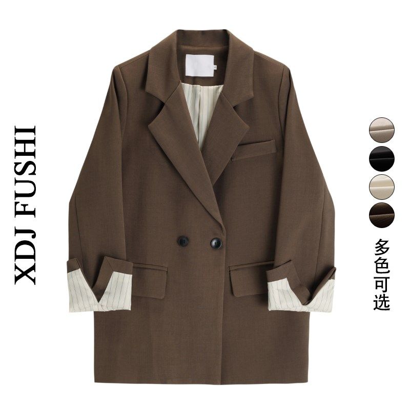 咖色西装外套女2024春秋高级感小个子中长款休闲宽松西服显瘦上衣