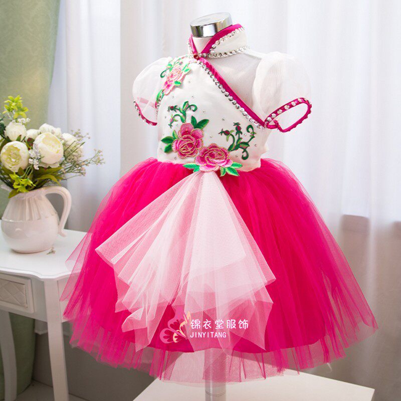 新款女童中国风旗袍舞蹈表演服装民族古典旗袍蓬蓬纱裙幼儿演出服