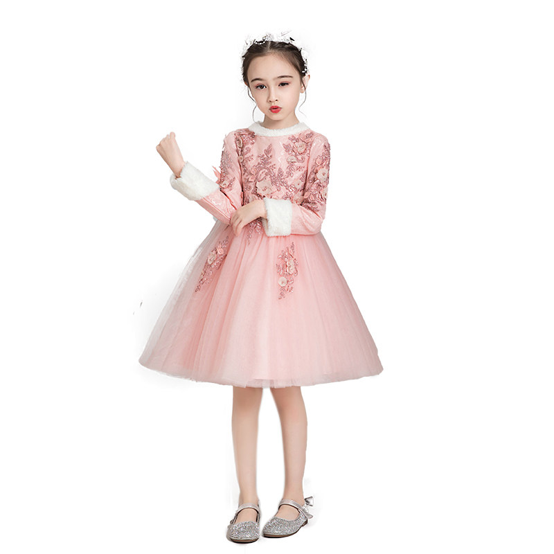 女童加厚礼服公主裙生日长袖加绒花童主持人儿童钢琴演出服秋冬季