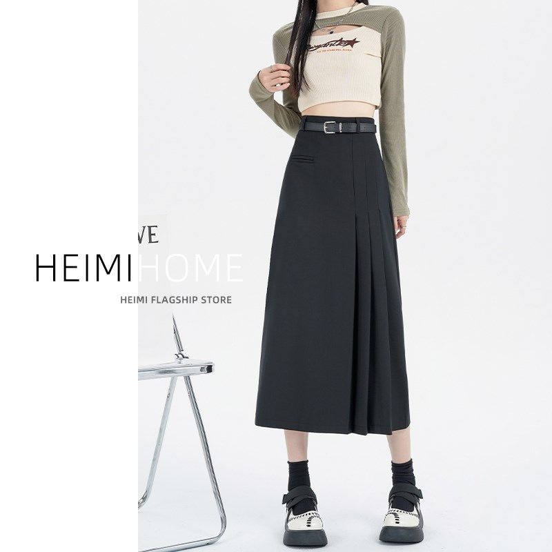 黑色西装半身裙女春夏秋高腰显瘦垂感a字长裙小个子中长款百褶裙