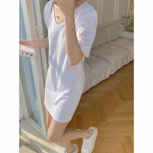 白色V领锁骨t恤连衣裙女短袖2021新宽松显瘦中长款u领懒人裙夏季