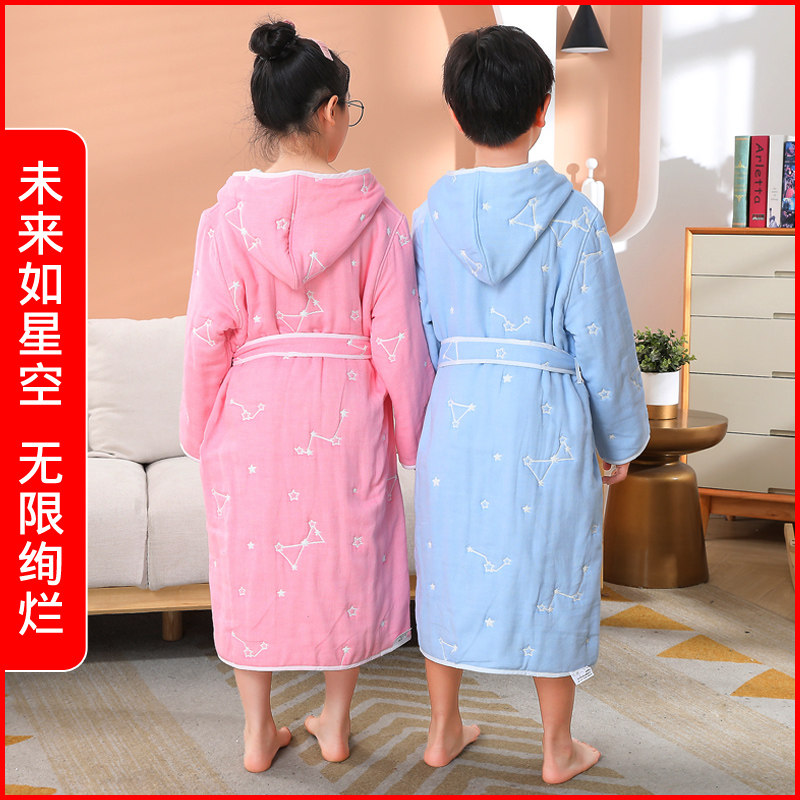 儿童睡袍冬季加厚款男童男孩女孩纯棉纱布浴袍吸水毛巾料浴衣保暖
