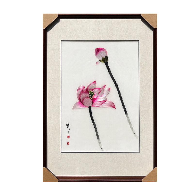 苡沫刺绣纯手工荷花孔雀牡丹苏绣挂画客厅玄关过道书房装饰成品画