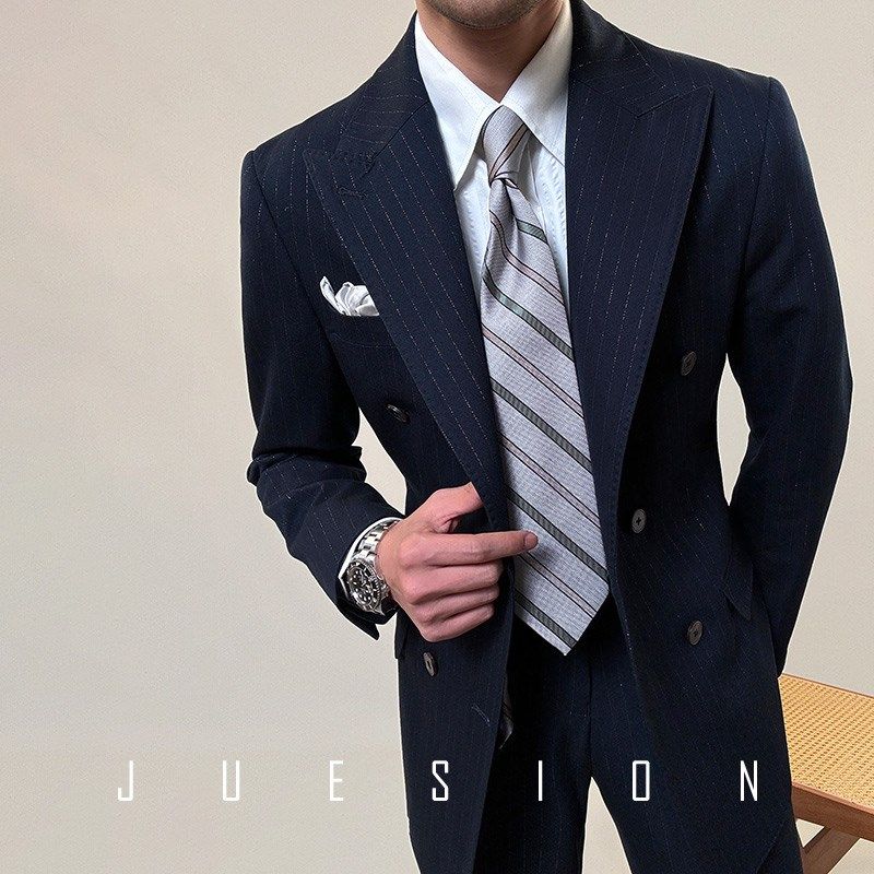 JUESION 意式双排扣西服套装男士戗驳领那不勒斯休闲西装结婚单西