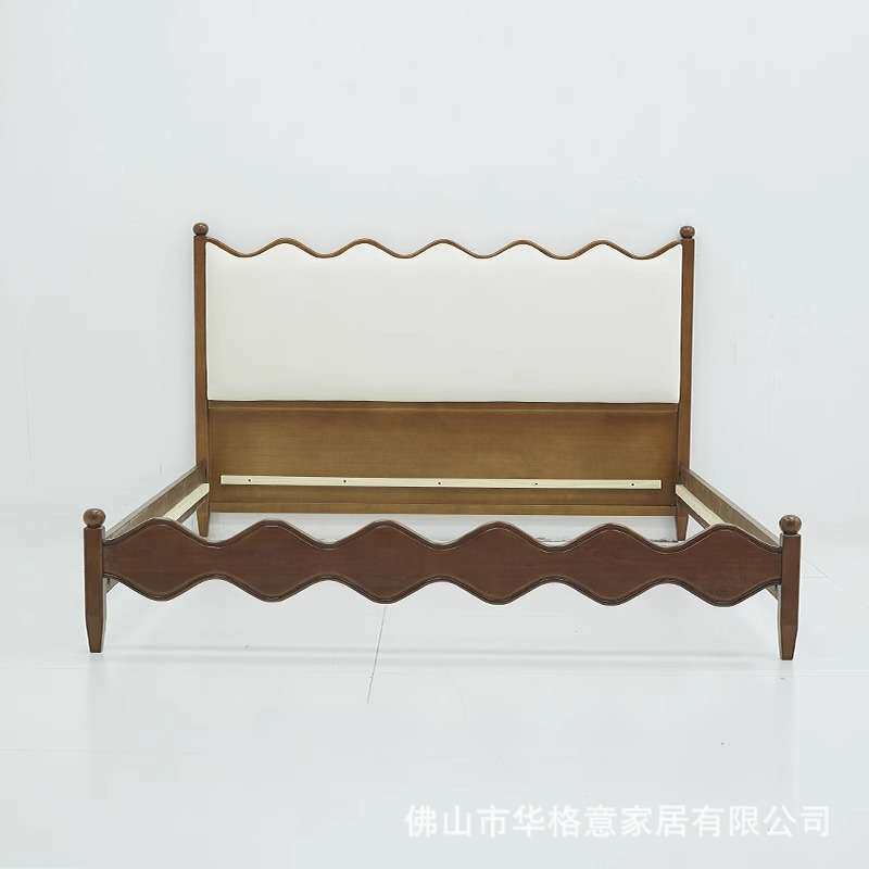 中古风涟漪布艺床棕色实木双人软床意式极简风真皮床主卧婚床大床