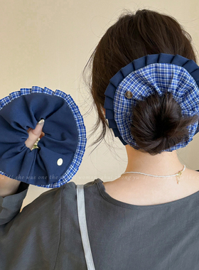 蓝色格子布艺大肠发圈女高弹力扎头皮筋发绳高级感丸子头头绳头饰