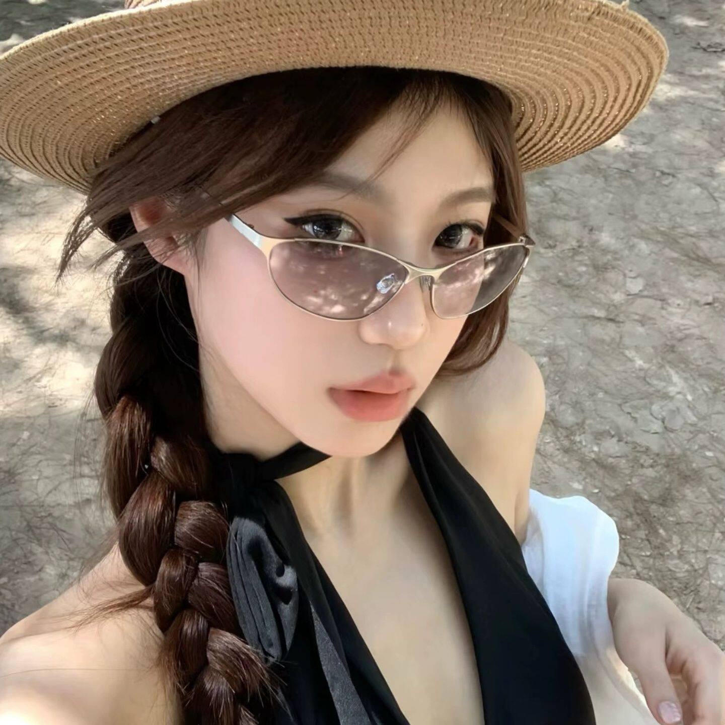 美式复古金属猫眼浅水银太阳眼镜女户外夏季防紫外线高级感墨镜女