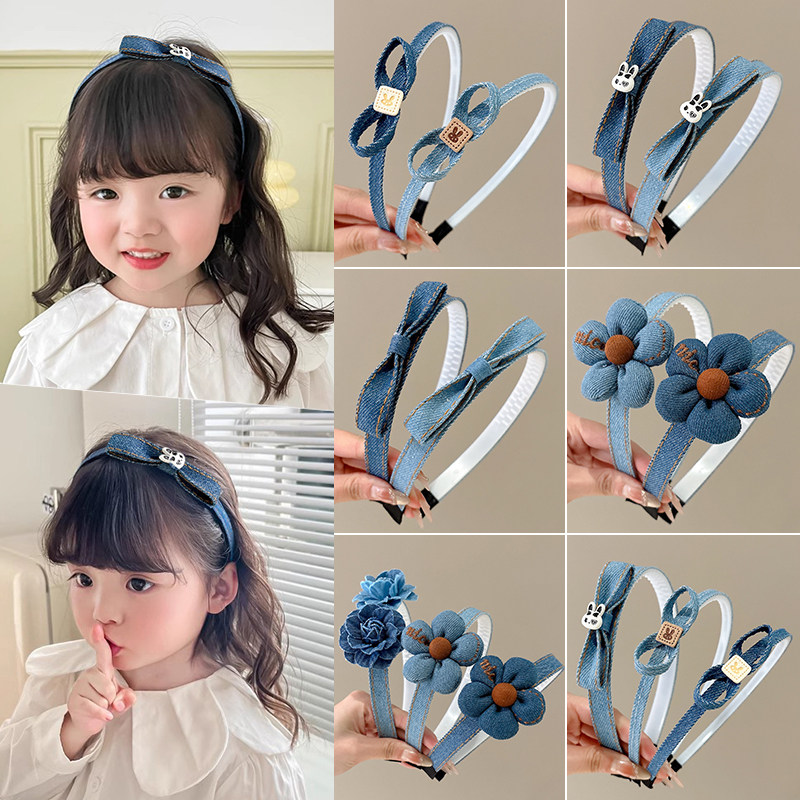 儿童牛仔蓝蝴蝶结发箍女2025新款带齿防滑发捆头箍女童不勒头发卡