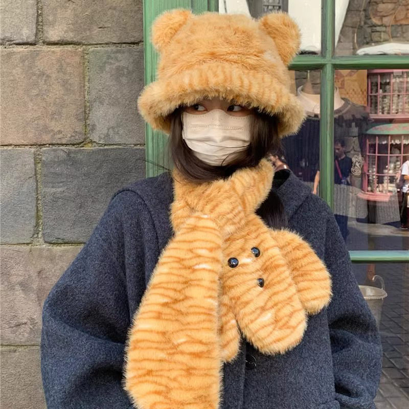 毛茸茸小老虎格纹毛绒耳朵渔夫帽子女冬季豹纹保暖围脖防寒帽可爱