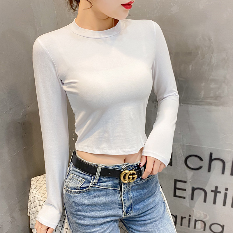 自拍-纯棉韩版复古小高领上衣女长袖T恤女修身短款露肚脐纯色打底