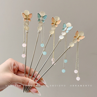 女儿童珍珠蝴蝶流苏发簪女童新中式盘发发钗簪子汉服配饰发卡头饰